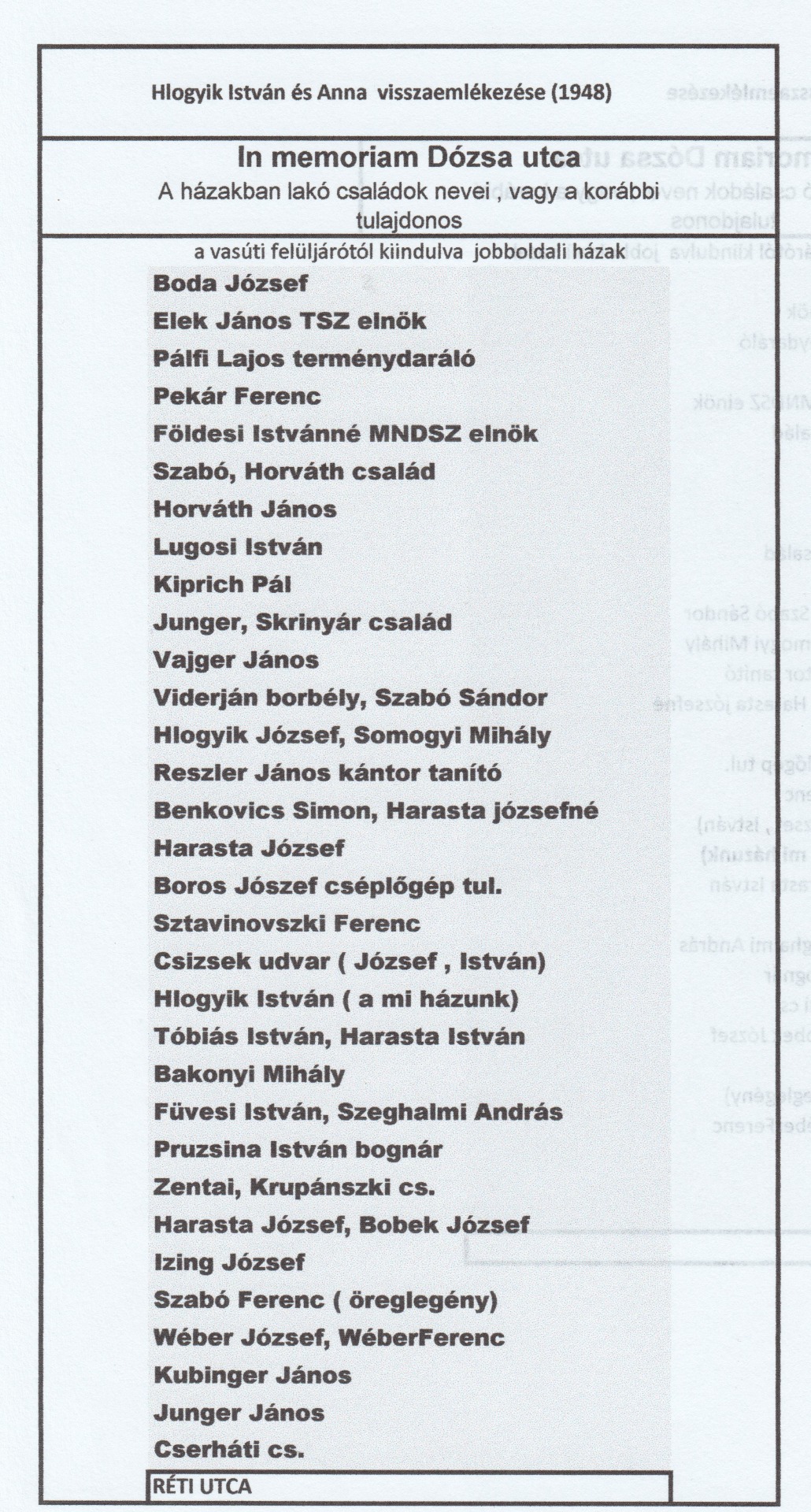 1./a táblázat ,Dózsa utca jobboldal