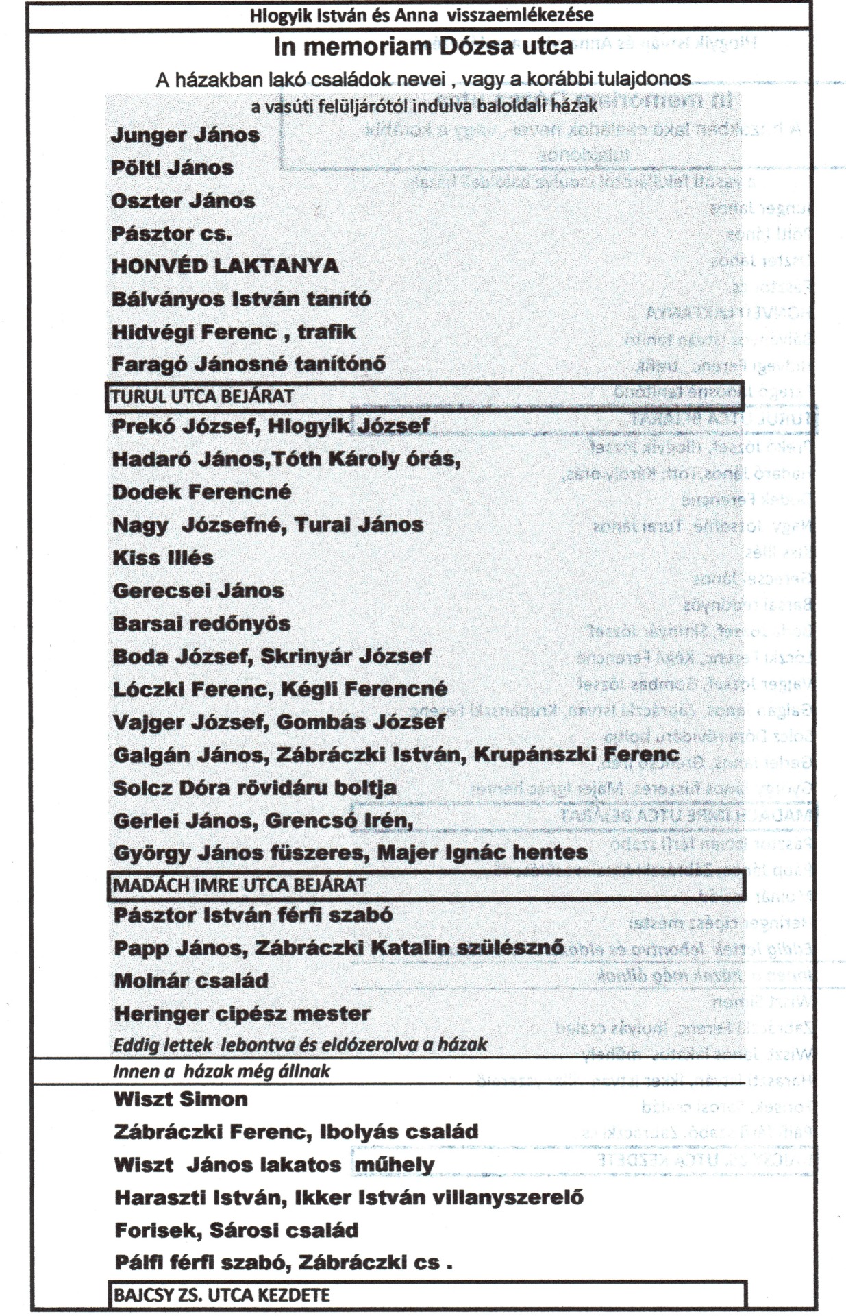 2. táblázat, Dózsa u. baloldal